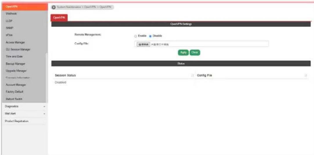 System Maintenance > Open/VPN > Open/VPN Open/VPN Open/VPN Settings Remote Management: Enable Disable Config File: 连接保底 大盘接口中保底 Apply Clear Status Session Status Disabled Config File Disabled