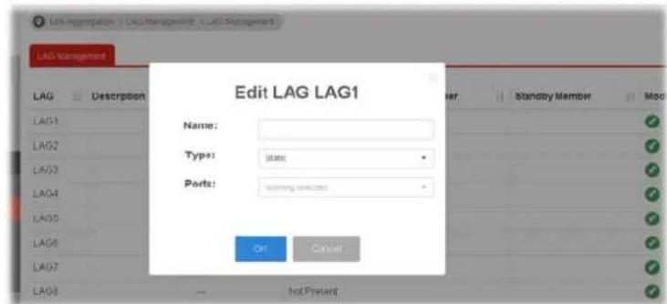 LAG Management Edit LAG LAG1 Name: Type: State Ports: On Cancel