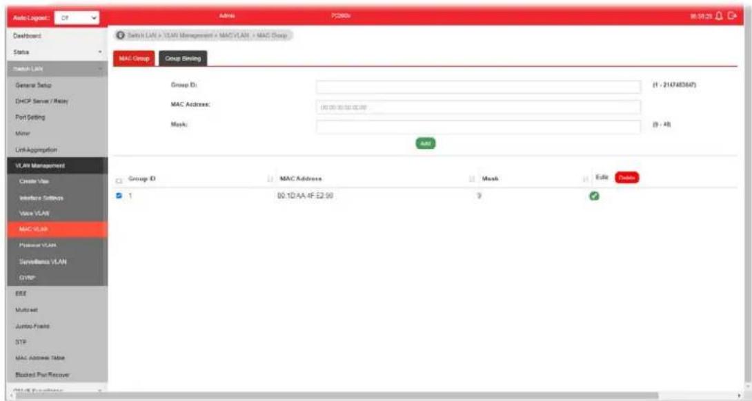 Auto Lognet: CIP Address: PC000v 96.58.23 Dashboard Status Switch LAN General Setup DHCP Server / Relay Port Setting Miner Link Aggregation VLAN Management Create Vias Interface Solutions Vias VLAN MAC VLAN Preserver VLAN Sensible VLAN Other EEE Multi-set Audio Fixed STP MAC Access Table Blocked Port Recover Switch LAN > VLAN Management > MAC VLAN > MAC Group MAC Group Group Binding Group ID: MAC Address: Mask: Edit Delete 1 00.1D AA 4F E2.90 9