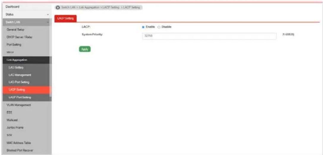 Switch LAN > Link Aggregation > LACP Setting > LACP Setting LACP Setting LACP: Enable Disable System Priority: 32768 (1.65536) Apply