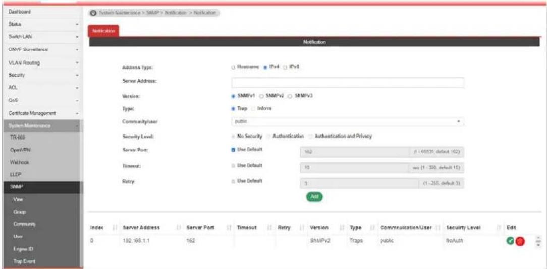 Dashboard Status Switch LAN ONVT Surveillance VLAN Routing Security ACL QoS Certificate Management System Maintenance TR-068 Open/PN Method LLCP SNMP* View Group Community User Engine ID Trap Event Index Server Address Server Port Timeout Retry Version Type Communication/User Security Level Edit 0 192:165.1.1 162 SNMPv2 Traps public NoAuth