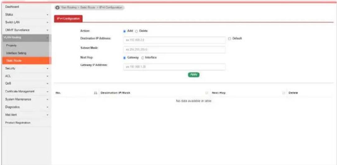 VLAN Routing > Static Router > IPv4 Configuration IPv4 Configuration Action: Add Delete Destination IP Address: ex 150.168.2.0 Default Submit Mask: ex 254.255.255.0 Next Hop: Gateway Interface Gateway IP Address: ex 150.168.1.30 Apply No. Destination IP/Mask Next Hop Delete No data available in table