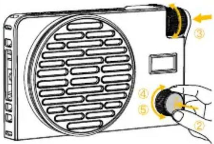 Diagram of a portable radio with labeled buttons and panel, showing hand positioning and adjustment mechanism