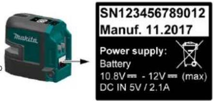 SN123456789012 Manuf. 11.2017 Power supply: Battery 10.8V== - 12V== (max) DC IN 5V / 2.1A