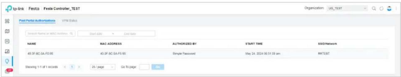 tp-link Festa Festa Controller_TEST Past Portal Authorizations VPN Status Sentech Name or MAC Address: Start date Date date NAME MAC ADDRESS AUTHORIZED BY START TIME SID/Network 40.3F-8C-SA-FG-95 40.3F-8C-SA-FG-95 Simple Password May 24, 2024 06:51:59 am IMTEST Showing 1-1 of 1 records < 1 > 25 / page Go To page Go