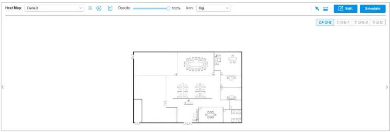 Heat Map: Default Opacity 100% Icon: Big Edit Simulate 2.4 GHz 5 GHz-1 5 GHz-2 6 GHz