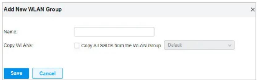 Add New WLAN Group Name: Copy WLANs: Copy All SSIDs from the WLAN Group Default Save Cancel