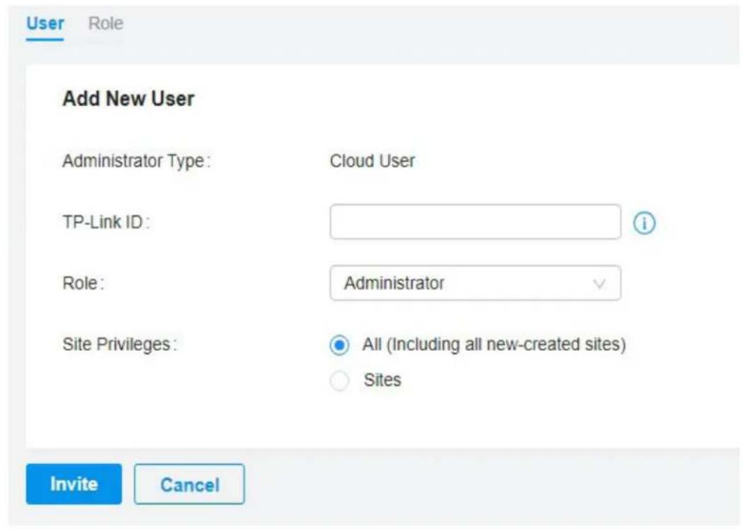 Add New User Administrator Type: Cloud User TP-Link ID: Role: Administrator Site Privileges: All (Including all new-created sites) Sites Invite Cancel
