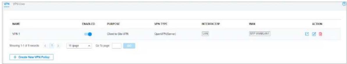 VPN VPN User NAME ENABLED PURPOSE VPN TYPE INTERBAC/SP WAN ACTION VPN 1 Clean to Site VPN OpenVPN(Server) LAN SFP WAN/LANT Showing 1-1 of 1 records 10 page Go To page: OK + Create New VPN Policy