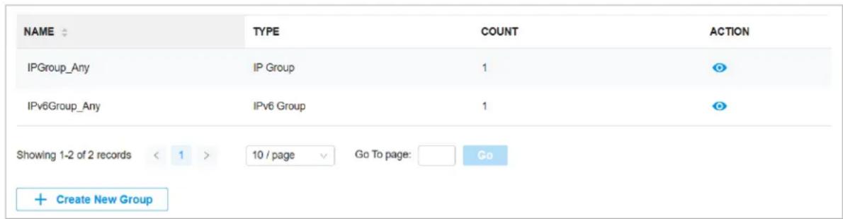 NAME TYPE COUNT ACTION IPGroup_Any IP Group 1 IPv6Group_Any IPv6 Group 1 Showing 1-2 of 2 records < 1 > 10 / page Go To page: Go + Create New Group