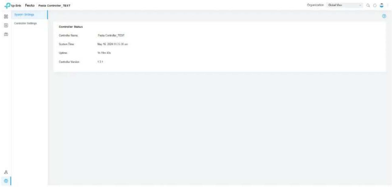 tp-link Festo Festa Controller_TEST Organization Global View System Settings Controller Settings Controller Status Controller Name: Festa Controller_TEST System Time: May 15, 2024 09:25:30 am Uptime: 1h 10m 4s Controller Version: 1.3.1