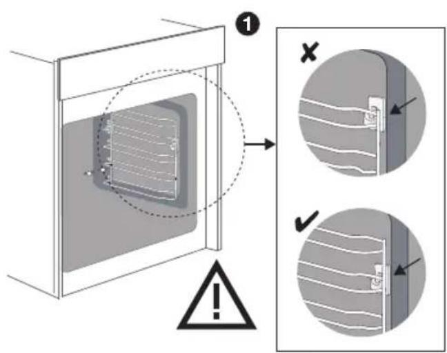 Diagram illustrating a structural change in a window frame, showing magnified views and warning indicators.
