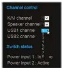 Channel control K/M channel 1 Speaker channel 1 USB1 channel 1 USB2 channel 2 Switch status 3 Power input 1 : In re Power input 2 : Active