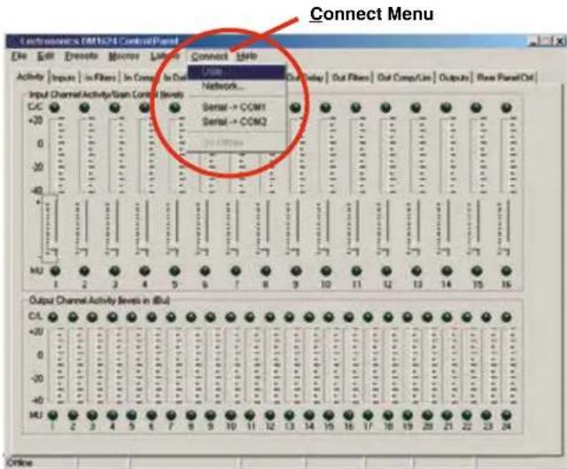 Connect Menu Electronics (EM1624 Control Panel) File Edit Drawn Macrow Lumber Connect Info Activity Inputs In Filters In Comp In Data C/C +20 0 -30 -40 -50 -60 -70 -80 -90 -100 -110 -120 -130 -140 -150 -160 -170 -180 -190 -200 -210 -220 -230 -240 -250 -260 -270 -280 -290 -300 -310 -320 -330 -340 -350 -360 -370 -380 -390 -400 -410 -420 -430 -440 -450 -460 -470 -480 -490 -500 -510 -520 -530 -540 -550 -560 -570 -580 -590 -600 -610 -620 -630 -640 -650 -660 -670 -680 -690 -700 -710 -720 -730 -740 -750 -760 -770 -780 -790 -800 -810 -820 -830 -840 -850 -860 -870 -880 -890 -900 -910 -920 -930 -940 -950 -960 -970 -980 -990 -1000 Output Channel Activity Levels in dBu