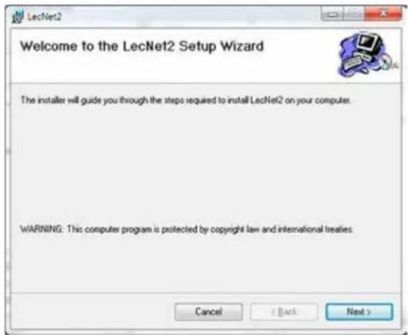 Welcome to the LecNet2 Setup Wizard The installer will guide you through the steps required to install LecNet2 on your computer. WARNING: This computer program is protected by copyright law and international treaties. Cancel < Back Next >