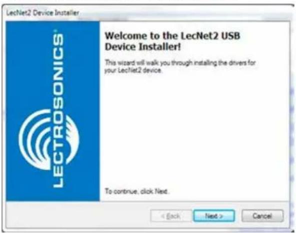 LectNet2 Device Installer Welcome to the LecNet2 USB Device Installer! This wizard will walk you through installing the drivers for your LecNet2 device. To continue, click Next.
