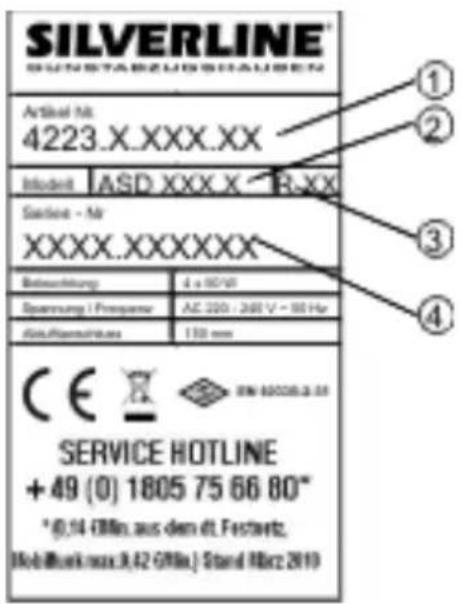 SILVERLINE® SUNSTABEGUSSALIKEN Artikel Nr. 4223.X.XXX.XX Inšedrit ASD XXX X - R.XX Sachere - Nr. XXXX.XXXXXXX Betechnung 4 x 00/10 Spannung / Frequener AC 200 / 260 V - 95 Hz Mioßfestnungs 100 mm CE ☒ SW-80008.3.18 SERVICE HOTLINE +49 (0) 1805 75 66 80" * (0),14 GBm, aus dem dL Festwerts. Mobilbunk max.8,42 GBm.) Stand März 2010