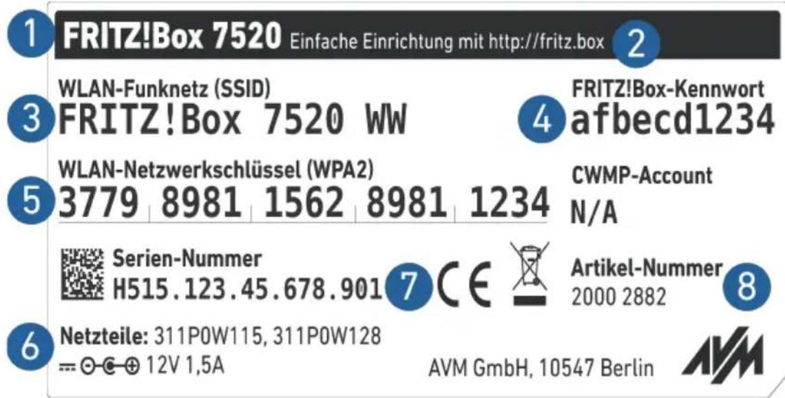 1 FRITZ!Box 7520 Einfache Einrichtung mit http://fritz.box 2 3 WLAN-Funknetz (SSID) 4 FRITZ!Box-Kennwort 3 FRITZ!Box 7520 WW afbecd1234 5 WLAN-Netzwerkschlüssel (WPA2) CWMP-Account 3779 | 8981 | 1562 | 8981 | 1234 N/A 7 Serien-Nummer H515.123.45.678.901 CE Artikel-Nummer 2000 2882 8 6 Netzteile: 311POW115, 311POW128 --- ⊙ ⊕ ⊕ 12V 1,5A AVM GmbH, 10547 Berlin AVM