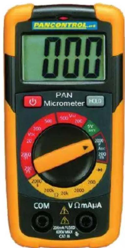 PANCONTROL 000 PAN Micrometer HOLD 500 Vdc 200 5V 3V 2000 Auc 200 m 2000 200 200k 20k 2000 COM VΩmAµA 200mA FUSED 600V MAX CA7 18