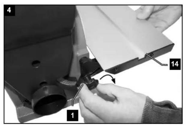 Black-and-white photo showing hands operating a mechanical device with labeled parts 1, 4, and 14