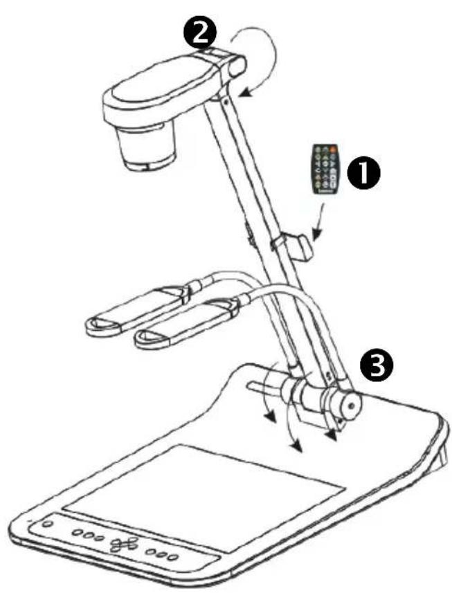 Diagram of a desktop computer with labeled parts and directional arrows indicating motion or operation.