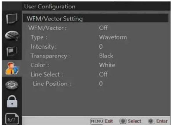 User Configuration WFM/Vector Setting WFM/Vector : Off Type : Waveform Intensity: 0 Transparency: Black Color : White Line Select : Off Line Position : 0 MENU Exit Select Enter
