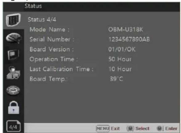 Status Status 4/4 Mode Name : OBM-U318K Serial Number : 1234567890AB Board Version : 01/01/OK Operation Time : 50 Hour Last Calibration Time : 10 Hour Board Temp : 39°C MENU Exit Select Enter