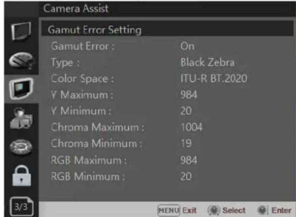 Camera Assist Gamut Error Setting Gamut Error : On Type : Black Zebra Color Space : ITU-R BT.2020 Y Maximum : 984 Y Minimum : 20 Chroma Maximum : 1004 Chroma Minimum : 19 RGB Maximum : 984 RGB Minimum : 20 3/3 MENU Exit Select Enter