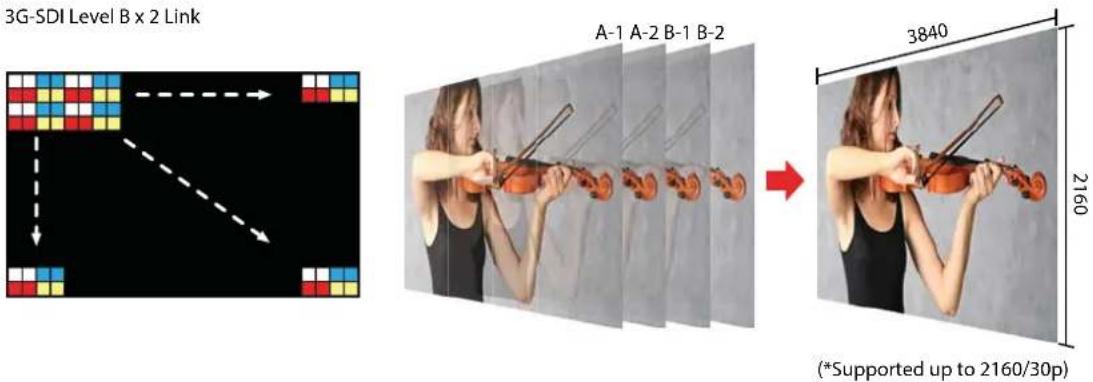 3G-SDI Level B x 2 Link A-1 A-2 B-1 B-2 3840 2160 (*Supported up to 2160/30p)