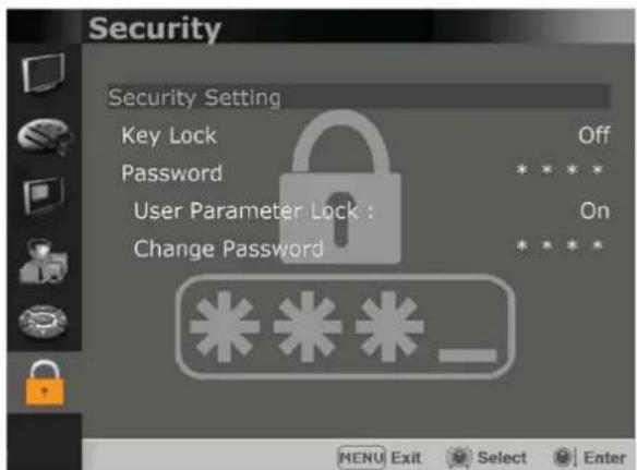 Security Security Setting Key Lock Off Password * * * * User Parameter Lock : On Change Password * * * * MENU Exit Select Enter