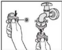 Diagram showing hand positioning and valve installation steps with labeled parts and directional arrow