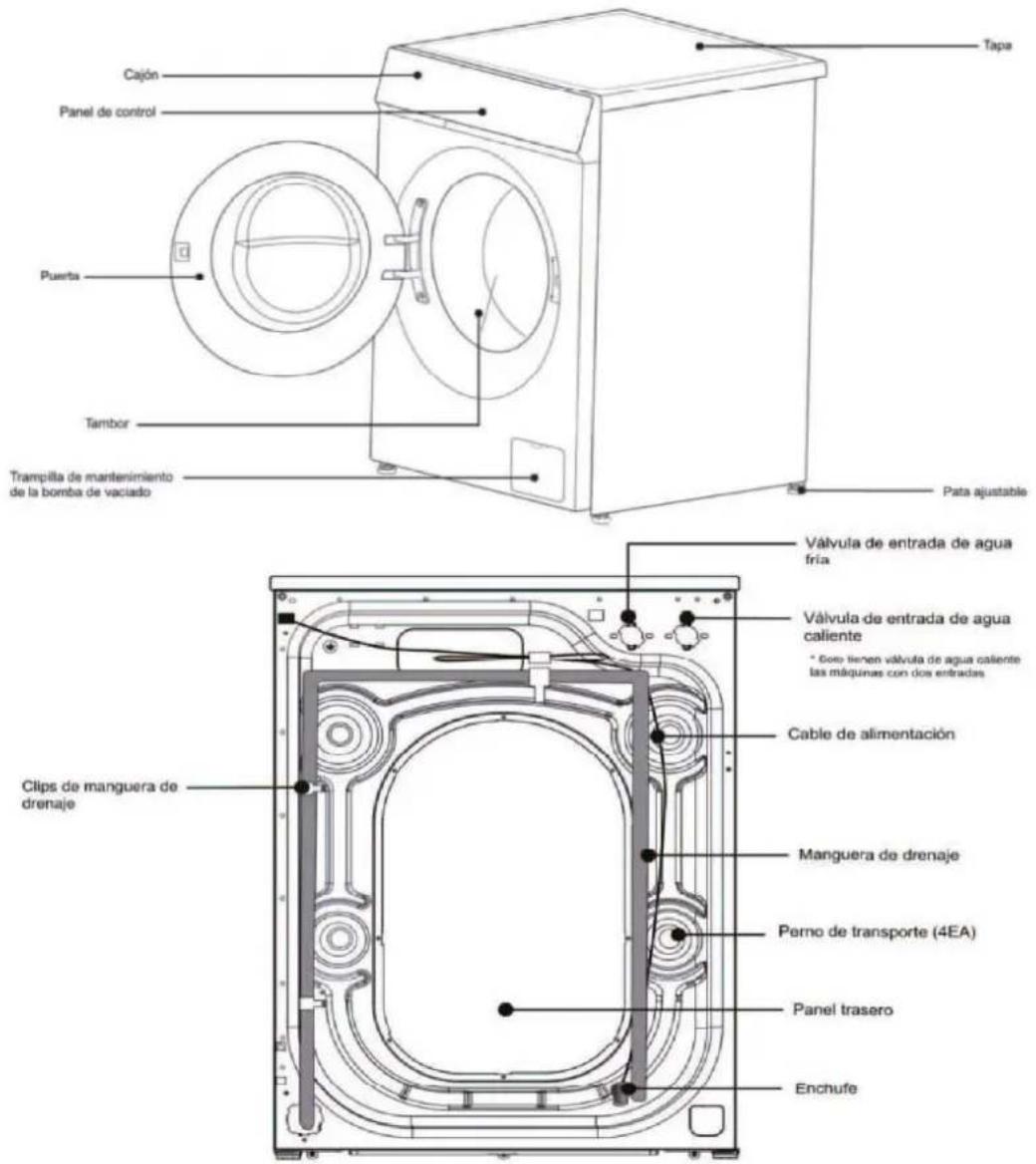 Cajón Panel de control Puerta Tambor Trampilla de mantenimiento de la bomba de vaciado Tapa Pata ajustable Válvula de entrada de agua fría Válvula de entrada de agua caliente * Goto tienen válvula de agua caliente las máquinas con dos entradas Cable de alimentación Clips de manguera de drenaje Manguera de drenaje Perno de transporte (4EA) Panel trasero Enchufe