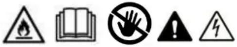 Warning symbols including warning triangle, open book, no hand, and triangular warning symbol