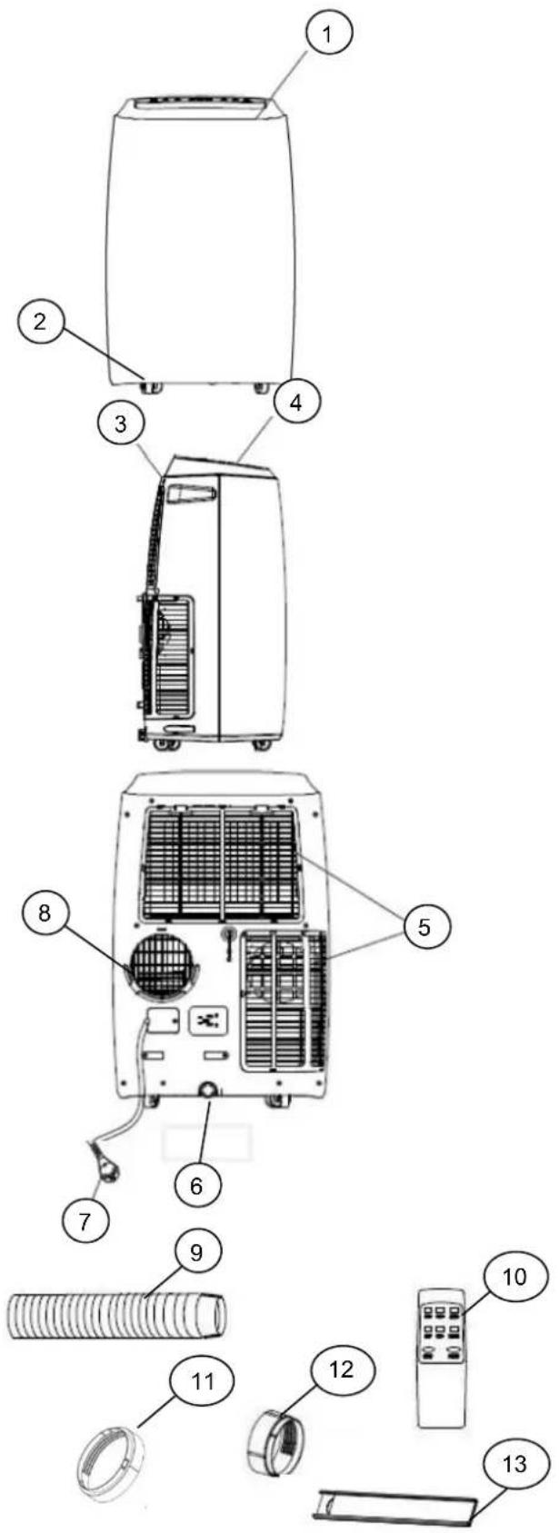 Exploded view diagram of an air conditioner system with numbered components for identification