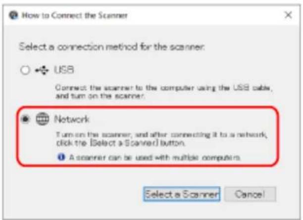 How to Connect the Scanner Select a connection method for the scanner. USB Connect the scanner to the computer using the USB cable, and turn on the scanner. Network Turn on the scanner, and after connecting it to a network, click the [Select a Scanner] button. A scanner can be used with multiple computers. Select a Scanner Cancel
