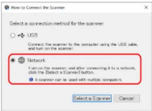 How to Connect the Scanner Select a connection method for the scanner: USB Connect the scanner to the computer using the USB cable, and turn on the scanner. Network Turn on the scanner, and after connecting it to a network, click the Select a Scanner button. A scanner can be used with multiple computers. Select a Scanner Cancel