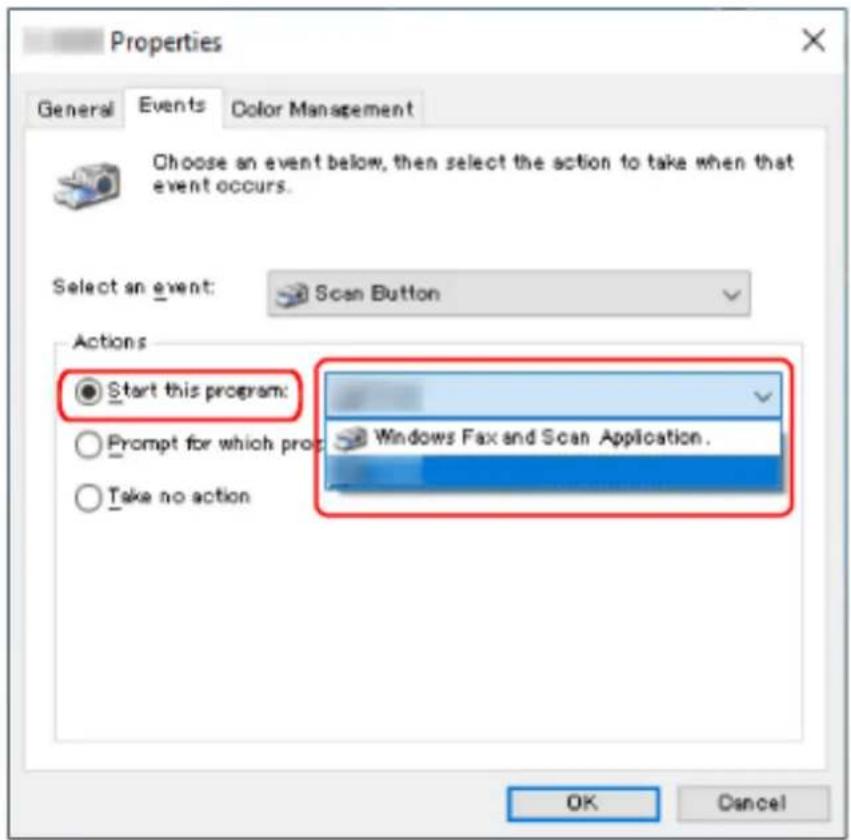 Properties General Events Color Management Choose an event below, then select the action to take when that event occurs. Select an event: Scan Button Actions Start this program: Prompt for which prop Take no action Windows Fax and Scan Application. OK Cancel
