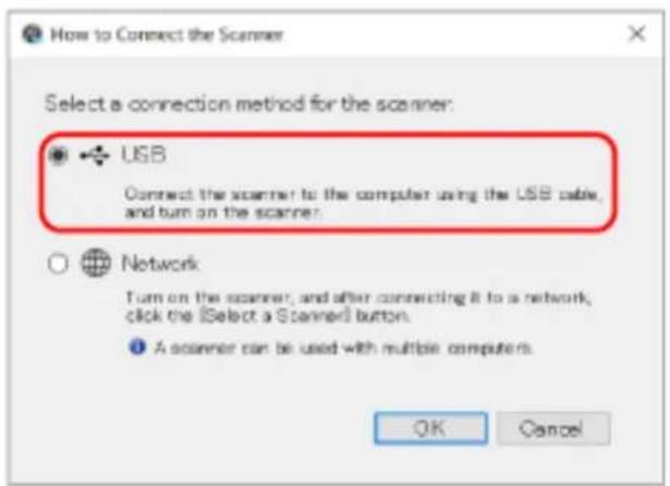 How to Connect the Scanner Select a connection method for the scanner: USB Connect the scanner to the computer using the USB cable, and turn on the scanner. Network Turn on the scanner, and after connecting it to a network, click the [Select a Scanner] button. A scanner can be used with multiple computers. OK Cancel