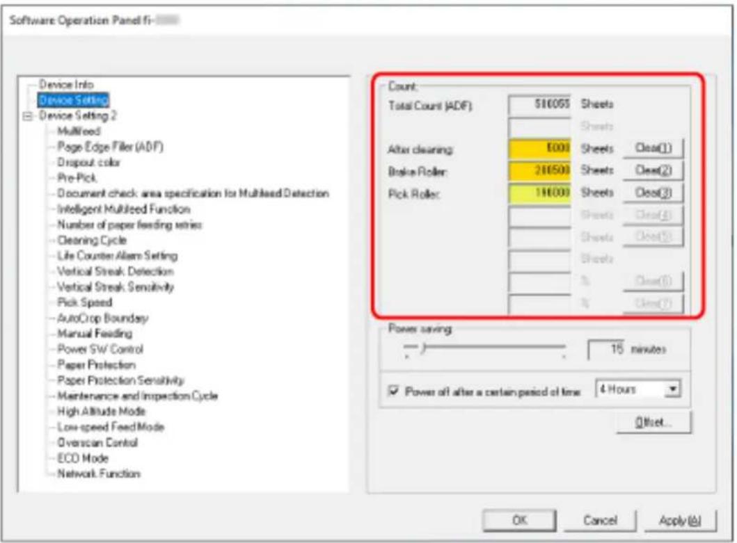 Software Operation Panel fi Device Info Device Setting Device Setting 2 - Multiload - Page Edge Filler (ADF) - Dropout color - Pre-Pick - Document check: area specification for Multilead Detection - Intelligent Multilead Function - Number of paper feeding series - Cleaning Cycle - Life Counter Alarm Setting - Vertical Streak Detection - Vertical Streak Sensitivity - Pick Speed - AutoCrop Boundary - Manual Feeding - Power SW Control - Paper Protection - Paper Protection Sensitivity - Maintenance and Inspection Cycle - High Altitude Mode - Low-speed Feed Mode - Overscan Control - ECO Mode - Network Function Count: Total Count (ADF) 510055 Sheets After cleaning: E000 Sheets Close(1) Brake Roller: 280500 Sheets Close(2) Pick Roller: 14000 Sheets Close(3) Sheets Close(4) Sheets Close(5) Sheets % Close(6) % Close(7) Power saving: 15 minutes Power off after a certain period of time 4 Hours OK Cancel Apply(A)