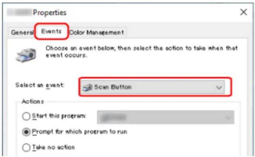 Properties General Events Color Management Choose an event below, then select the action to take when that event occurs. Select an event: Scan Button Actions Start this program: Prompt for which program to run Take no action