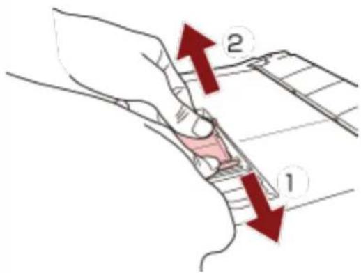 Diagram showing a hand holding a tool with two red arrows labeled 1 and 2 indicating direction or movement.