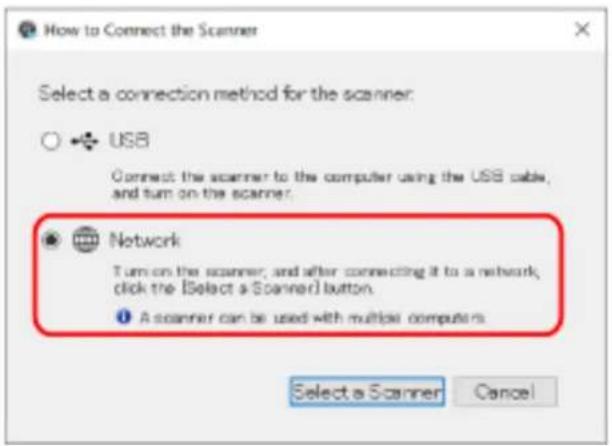 How to Connect the Scanner Select a connection method for the scanner: USB Connect the scanner to the computer using the USB cable, and turn on the scanner. Network Turn on the scanner, and after connecting it to a network, click the [Select a Scanner] button. A scanner can be used with multiple computers Select a Scanner Cancel