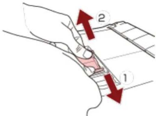 Diagram showing a hand holding a device with labeled parts 1 and 2, indicating directional movement or process flow.