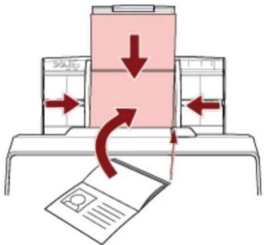 Diagram illustrating a process with directional arrows and a document, showing a pink container with red arrows indicating flow or movement.