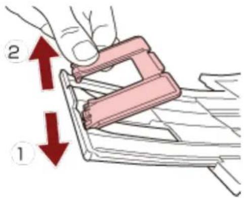Diagram showing a hand using a pink clamp to lift a piece of material, with numbered arrows indicating direction (1) and (2)