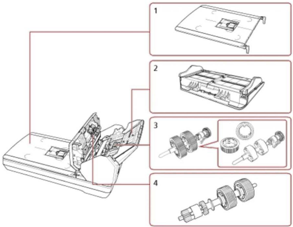 Technical diagram showing exploded view of a device's internal components with numbered parts and assembly details