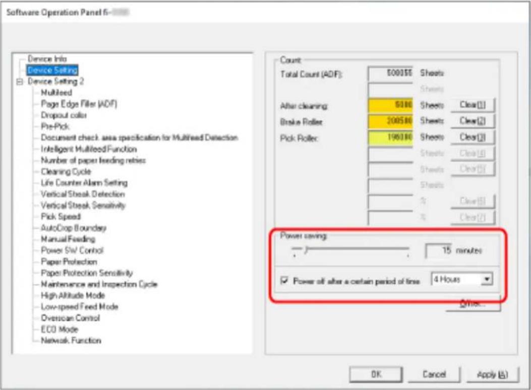 Software Operation Panel 6 Device Info Device Setting Device Setting 2 - Multileed - Page Edge Filter (ADF) - Dropout color - Pre-Pick - Document check, area specification for Multileed Detection - Intelligent Multileed Function - Number of paper feeding reties - Cleaning Cycle - Life Counter Alarm Setting - Vertical Streak Detection - Vertical Streak Sensitivity - Pick Speed - AutoCrop Boundary - Manual Feeding - Power SW Control - Paper Protection - Paper Protection Sensitivity - Maintenance and Inspection Cycle - High Altitude Mode - Low-speed Feed Mode - Diverian Control - ECO Mode - Network Function Count Total Count (ADF): 5000$5 Sheets Sheets After cleaning: 5080 Sheets Clear[1] Brake Roller: 200580 Sheets Clear[2] Pick Roller: 196380 Sheets Clear[3] Sheets Clear[4] Sheets Clear[5] Sheets Clear[6] % Clear[7] % Clear[8] % Clear[9] Power saving: - - - - - - - - - - - - - - - - - - - - - - - - - - - - - - - - - - - - - - - - - - - - - - - - - - - - - - - - - - - - - - - - - - - - - - - - - - - - - - - - - - - - - - - - - - - - - - - - - - - - + - + - + - + - + - + - + - + - + - + - + - + - + - + - + - + - + - + - + - + - + - + - + - + - + - + - + - + - + - + - + - + - + - + - + - + - + - + - + - + - + - + - + - + - + - + - + - + - + - + - + Power off after a certain period of time 4 Hours OK Cancel Apply (A)