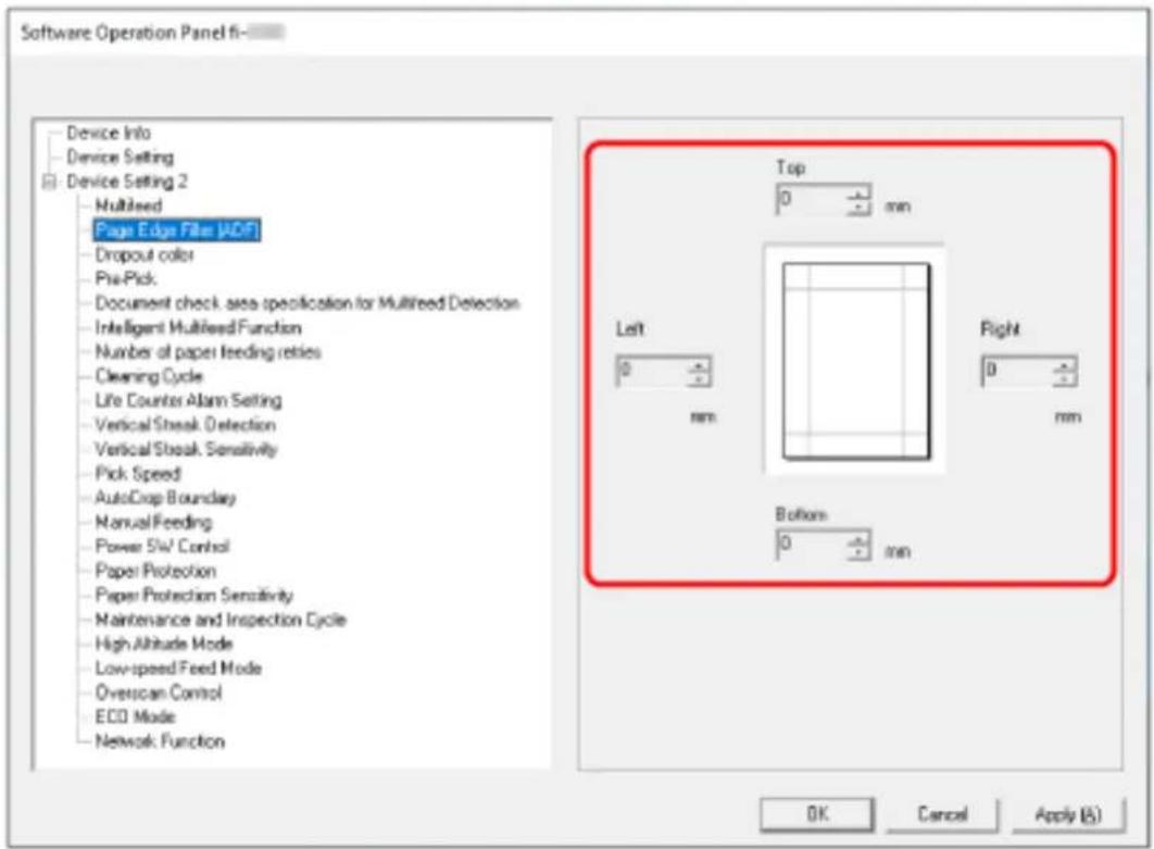 Software Operation Panel fi Device Info Device Setting Device Setting 2 Multileed Page Edge Filter (ADF) Dropout color Pre-Pick Document check, area specification for Multileed Detection Intelligent Multileed Function Number of paper feeding reties Cleaning Cycle Life Counter Alarm Setting Vertical Break Detection Vertical Break Sensitivity Pick Speed AutoCrop Boundary Manual Feeding Power SW Control Paper Protection Paper Protection Sensitivity Maintenance and Inspection Cycle High Altitude Mode Low-speed Feed Mode Overscan Control ECO Mode Network Function Top 0 mm Left 0 mm Right 0 mm Bottom 0 mm OK Cancel Apply (S)