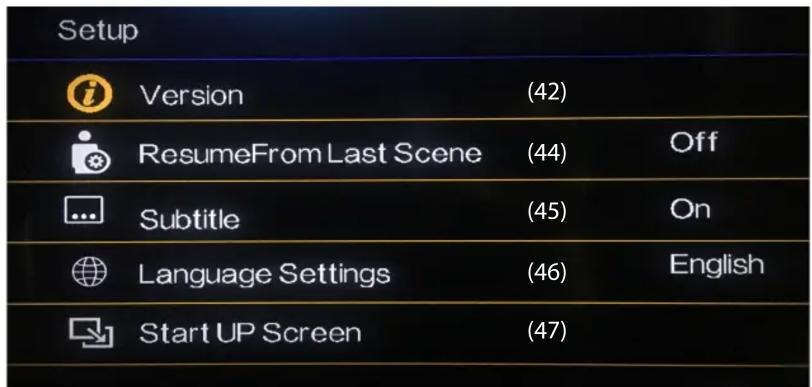 Setup Version (42) ResumeFrom Last Scene (44) Off Subtitle (45) On Language Settings (46) English Start UP Screen (47)