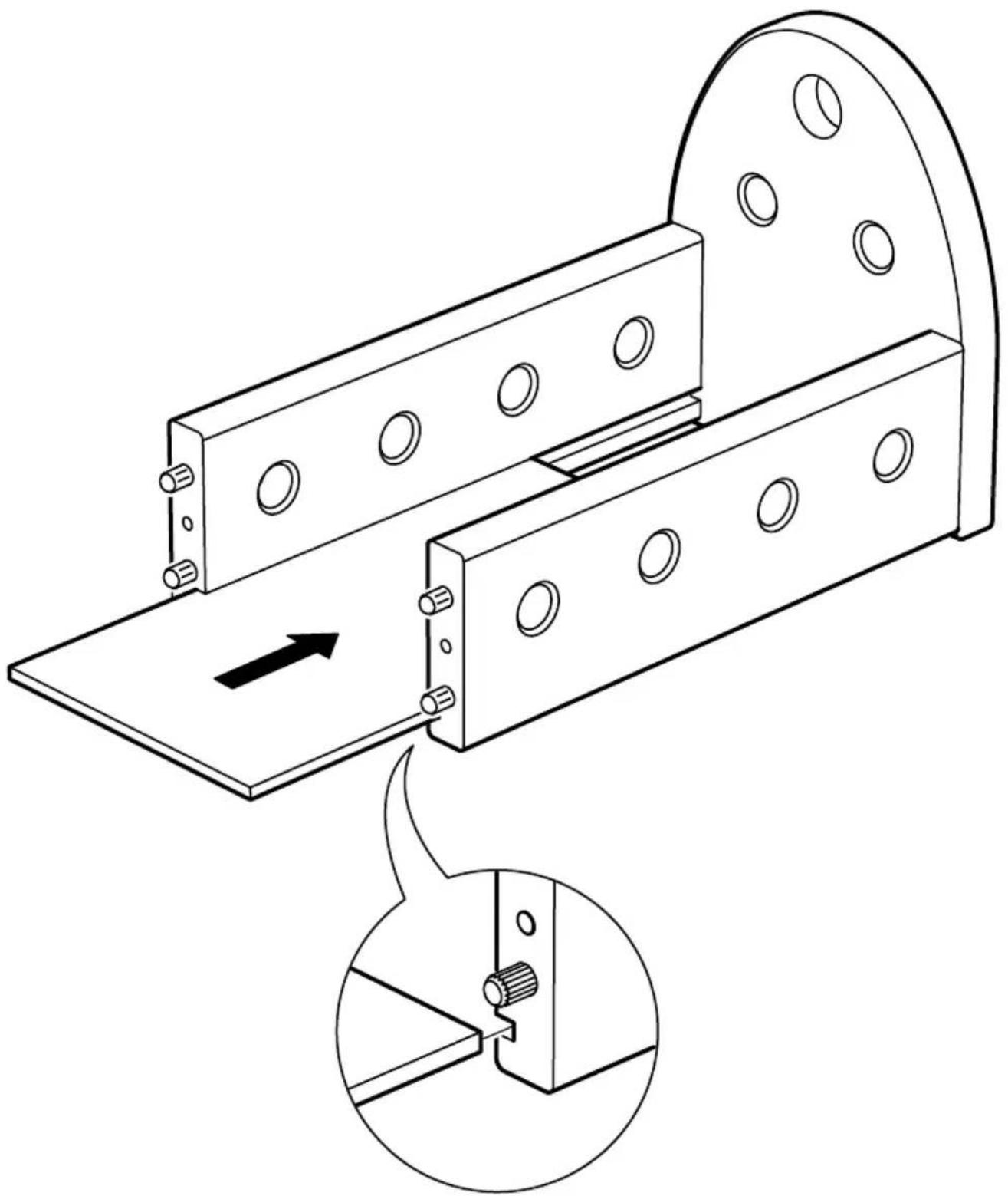 Technische Liniengrafik einer mechanischen Baugruppe mit Montagelöchern und einer Halterung, mit einer vergrößerten Einfügung (kein Text oder Symbole)